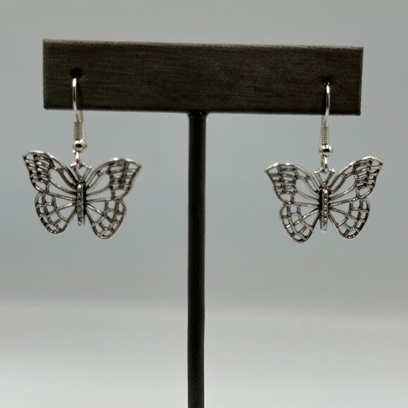 Butterfly Dangle Earrings Silver Tone Pierced Open Cutout Wings Insect Jewelry - Picture 2 of 9